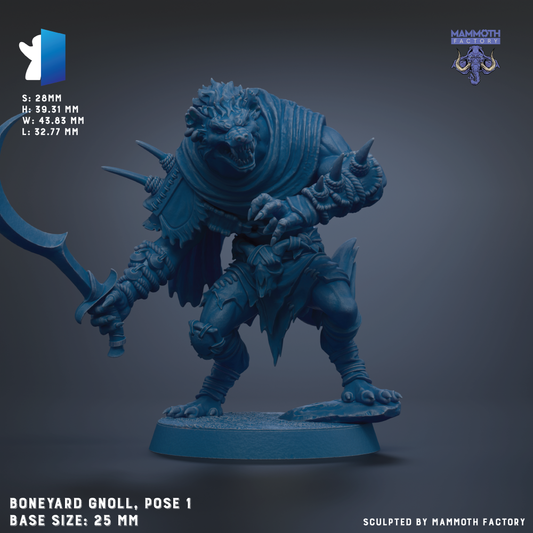 a blue gnoll figurine, a character from the Mammoth Factory, posed in a dynamic fighting stance. The gnoll is shown in a fighting stance with its arms and legs spread out, and it is holding a sword in its right hand. The gnoll is standing on a base that measures 25 millimeters in length. The image is a collage of multiple images, and it is not a single image but a collection of images that together create a single scene.