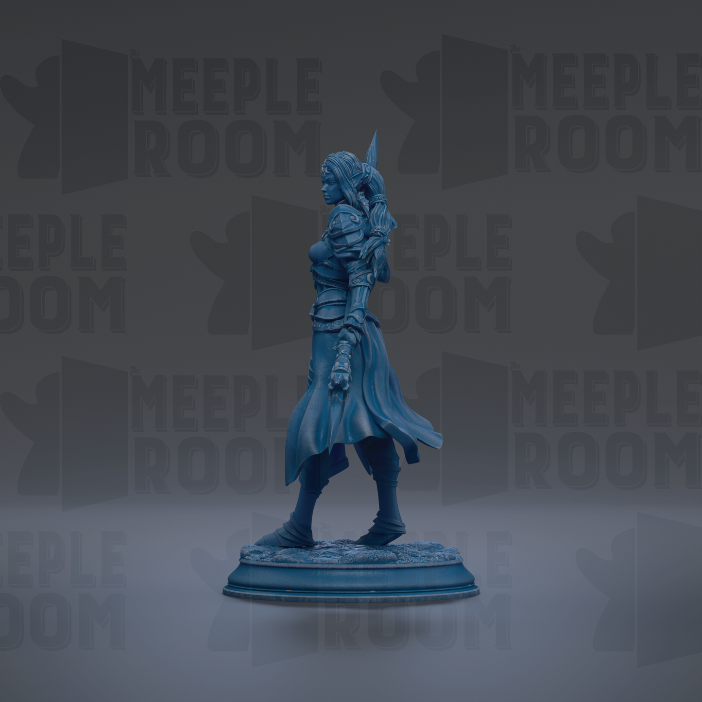 A blue figurine of a woman with a sword stands on a pedestal against a dark background with repeated "MEIPLLE ROOM" text.