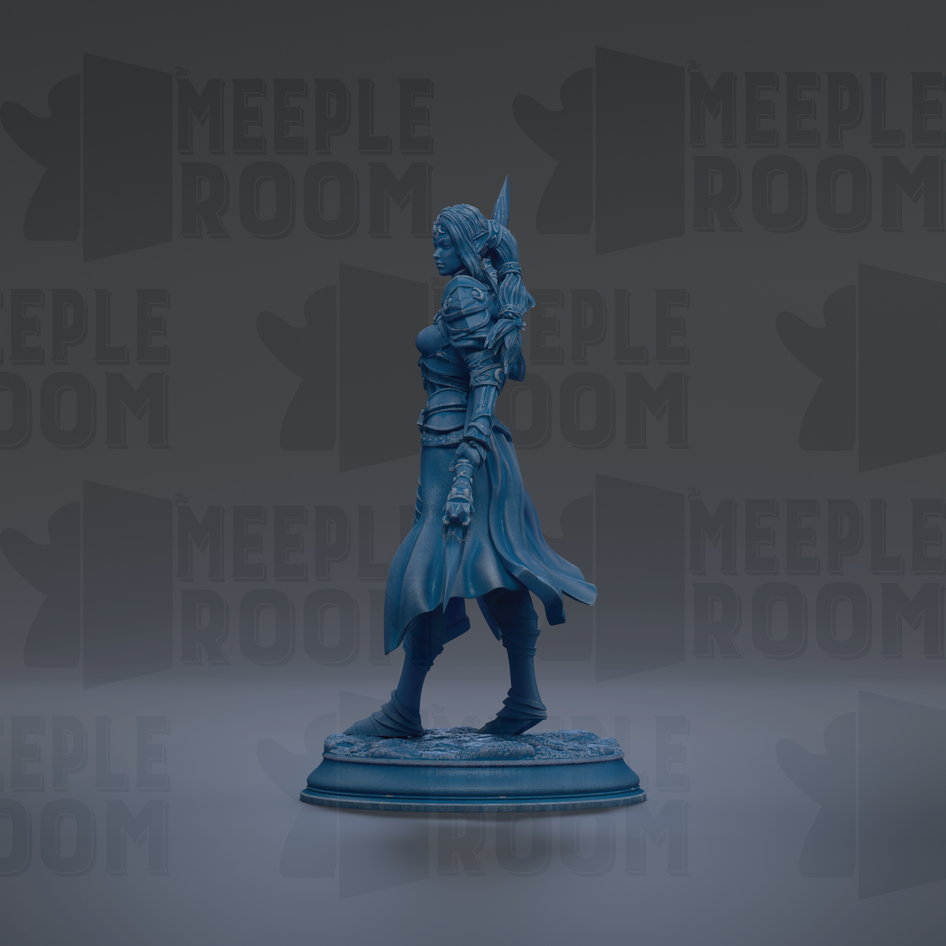 A blue figurine of a woman with a sword stands on a pedestal against a dark background with repeated "MEIPLLE ROOM" text.