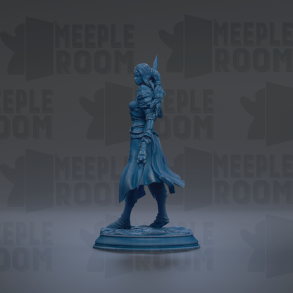 A blue figurine of a woman with a sword stands on a pedestal against a dark background with repeated "MEIPLLE ROOM" text.