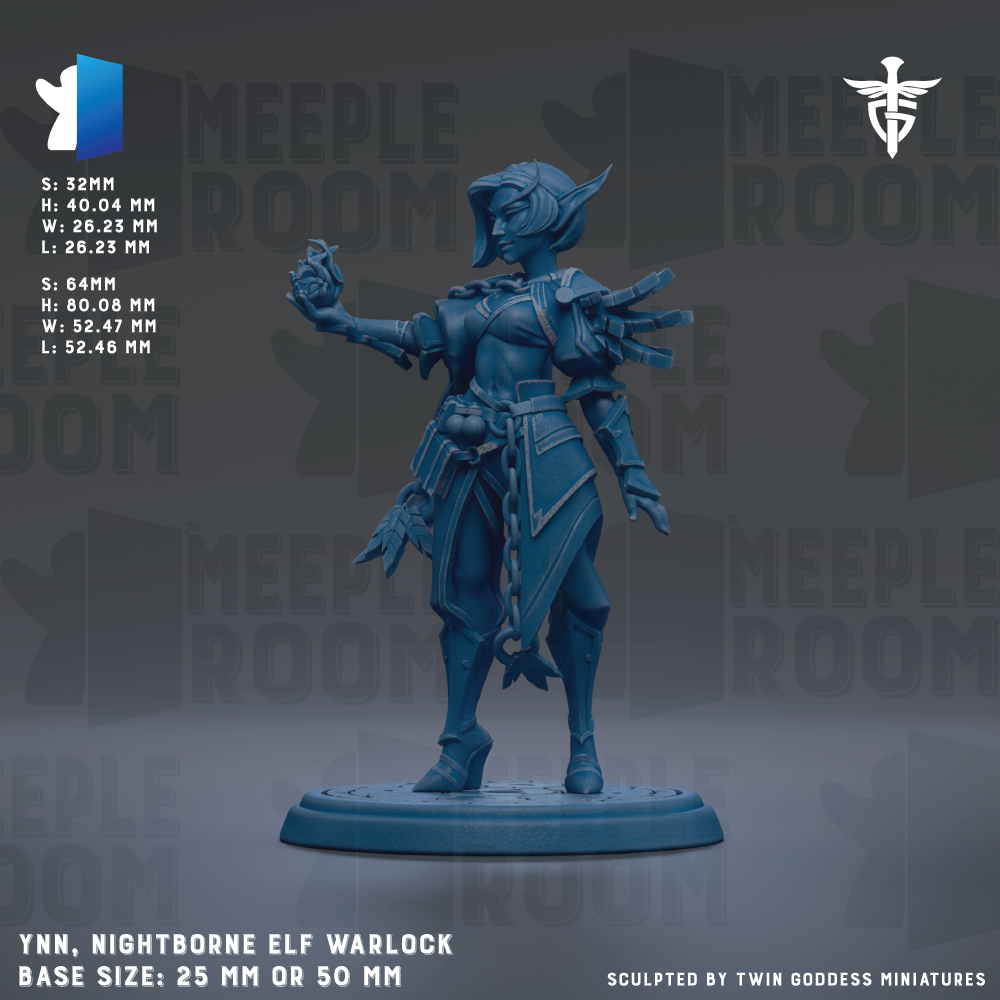 a blue elf warrior statue with a detailed design, standing on a base and holding a weapon. The statue is described as a Nightborne elf Warhammer 40,000 base size, which is 25mm or 50mm tall. The image is a sculpted by Twin Goddess miniatures.
