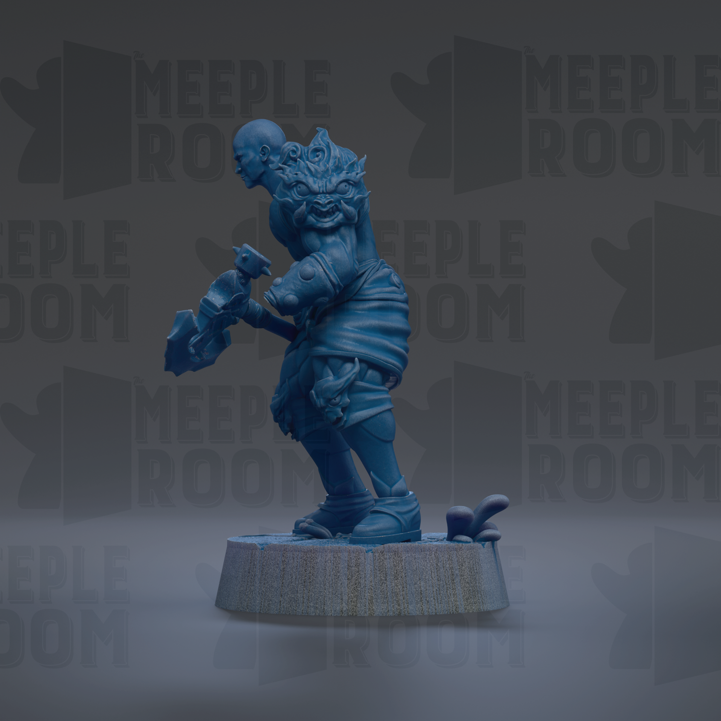 A blue figurine of a character with a large head and a sword, standing on a platform against a dark background with repeated text.