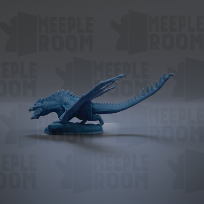 A blue dragon figurine is shown against a dark background with repeated text.