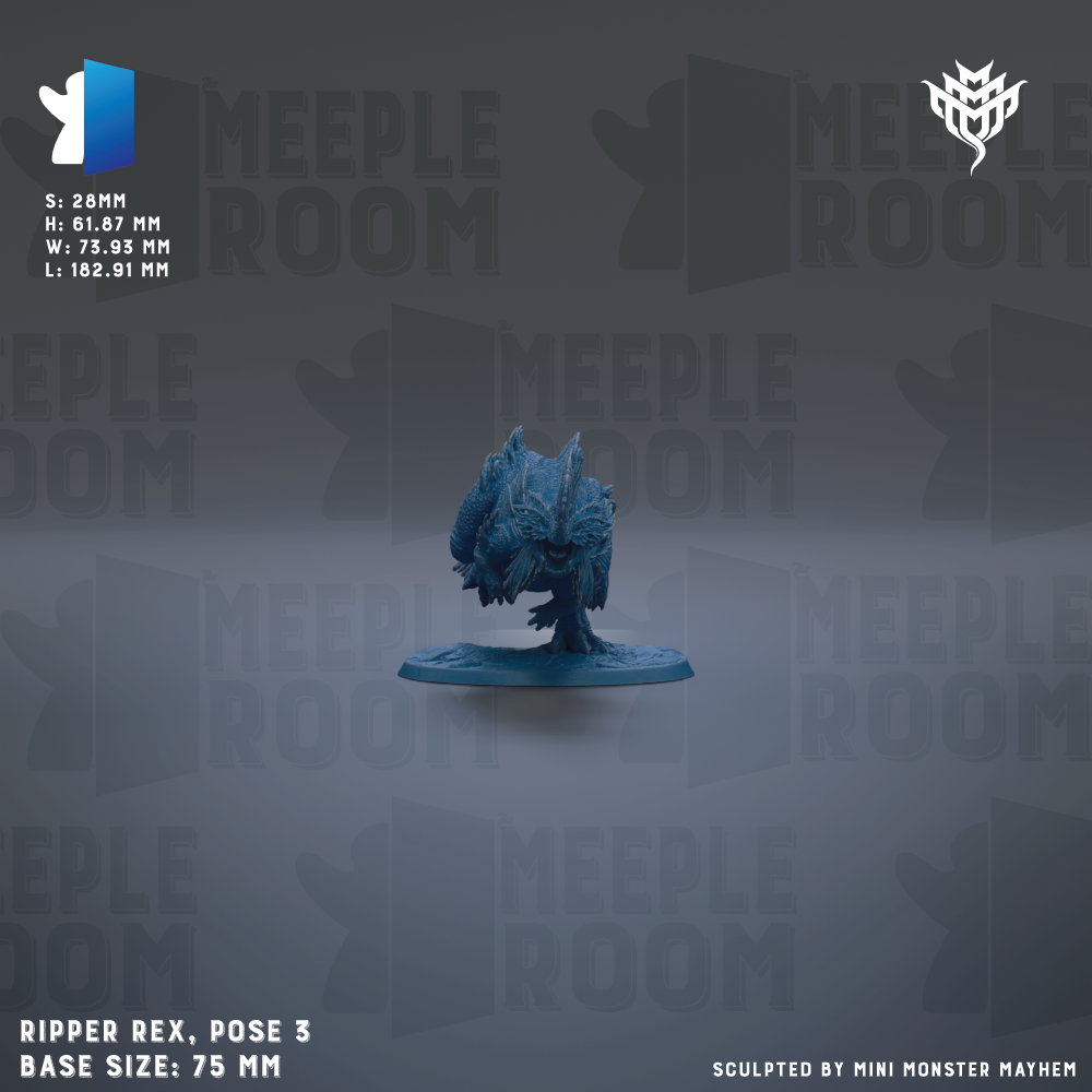 a blue figurine of a creature, possibly a dinosaur or monster, posed on a base. The figurine is described as "Ripper Rex, pose 3" and has a base size of "75 mm". The background of the image is a repeating pattern of the word "MEIPLE ROOM".