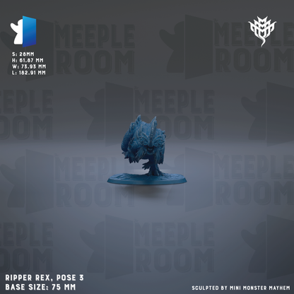 a blue figurine of a creature, possibly a dinosaur or monster, posed on a base. The figurine is described as "Ripper Rex, pose 3" and has a base size of "75 mm". The background of the image is a repeating pattern of the word "MEIPLE ROOM".