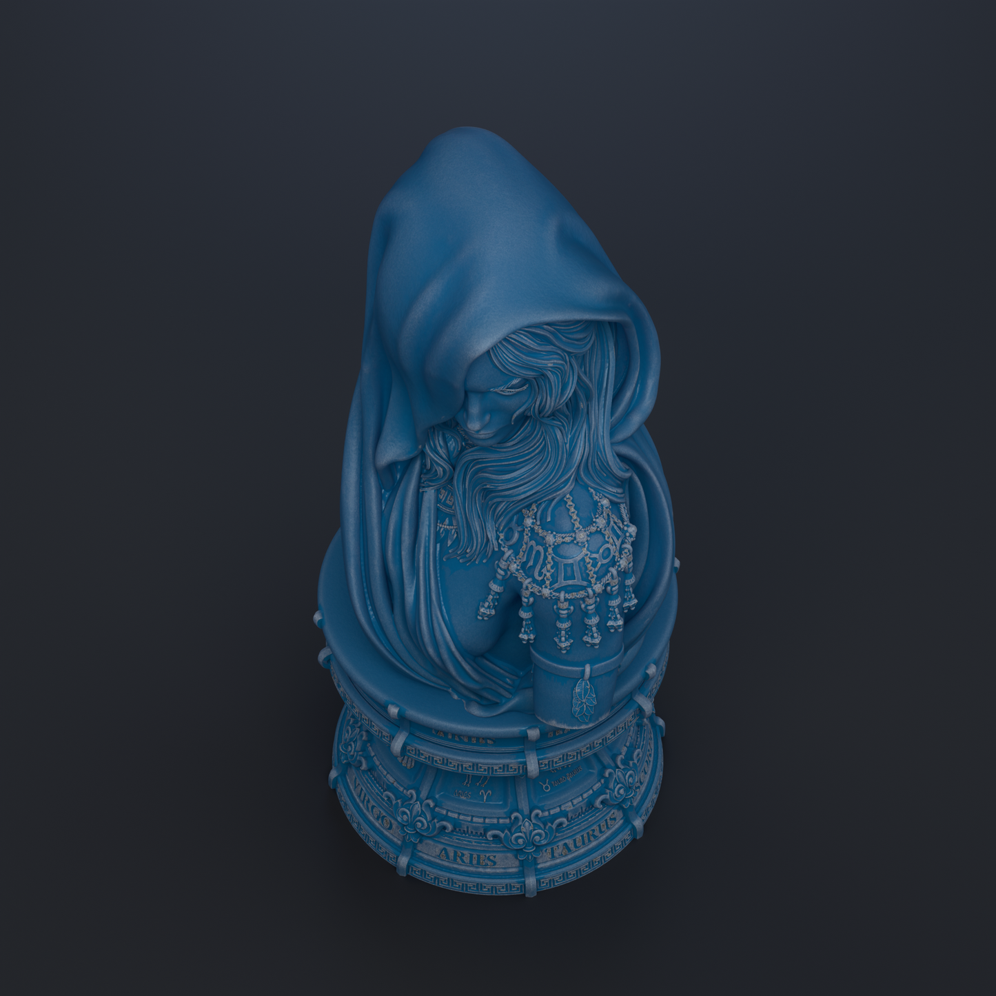 A blue statue of a woman with a hooded cloak, sitting on a pedestal with ornate designs, against a dark background.