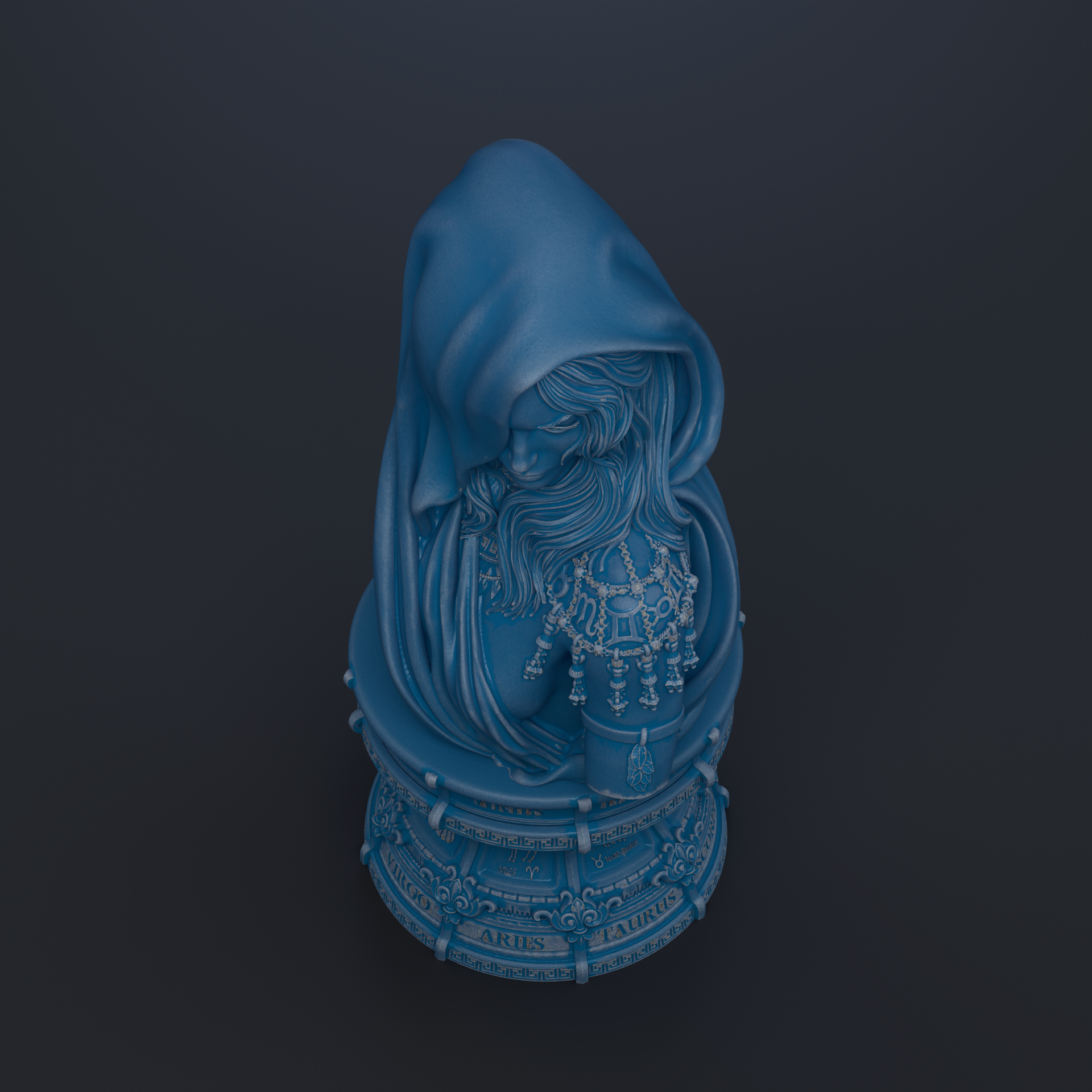 A blue statue of a woman with a hooded cloak, sitting on a pedestal with ornate designs, against a dark background.