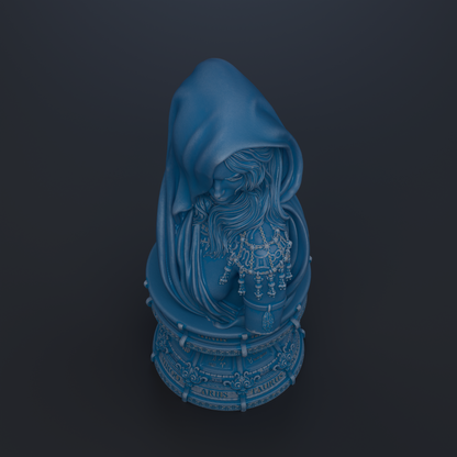 A blue statue of a woman with a hooded cloak, sitting on a pedestal with ornate designs, against a dark background.