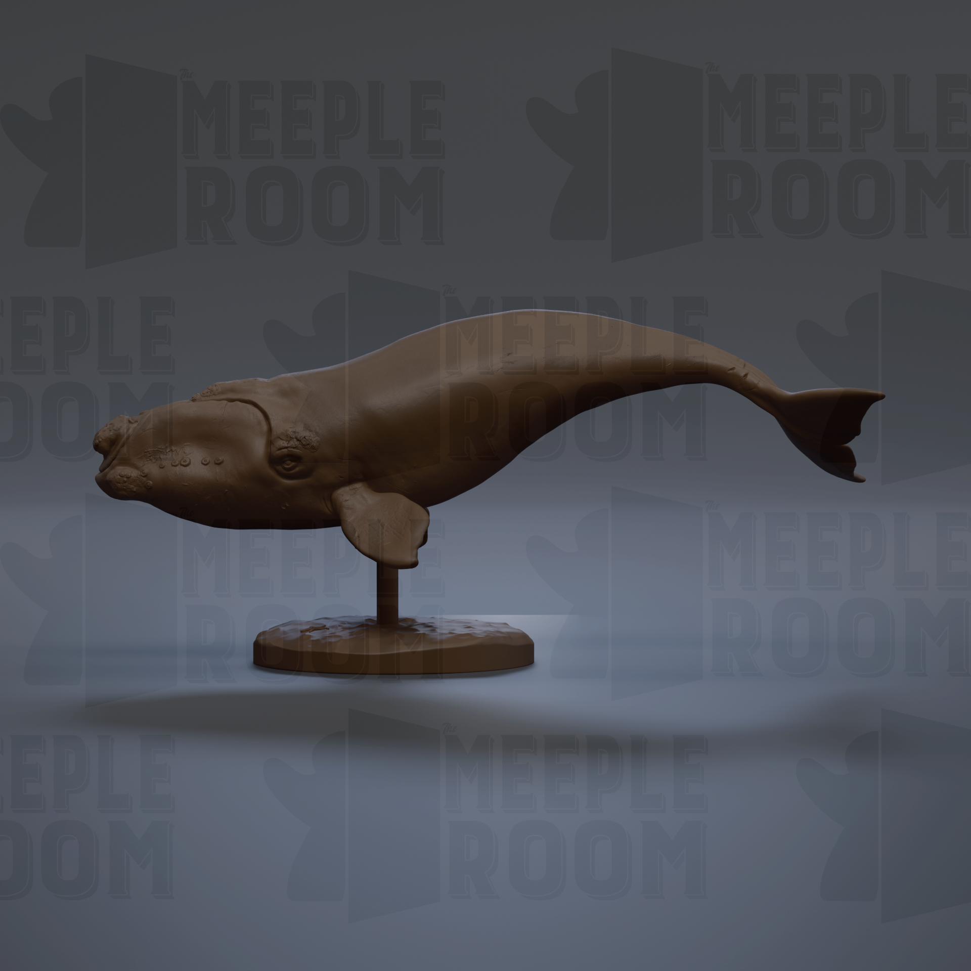 A 3D rendering of a whale sculpture on a stand, with the text "MEIPLE ROOM" repeated in the background.