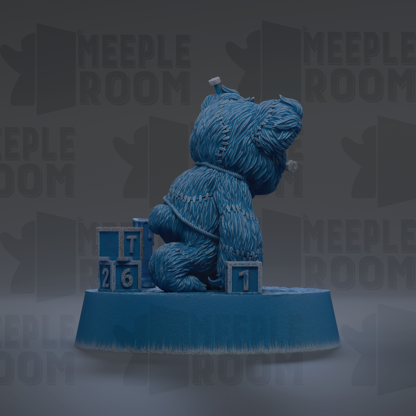 A blue bear figurine sitting on a blue base with blocks displaying numbers.