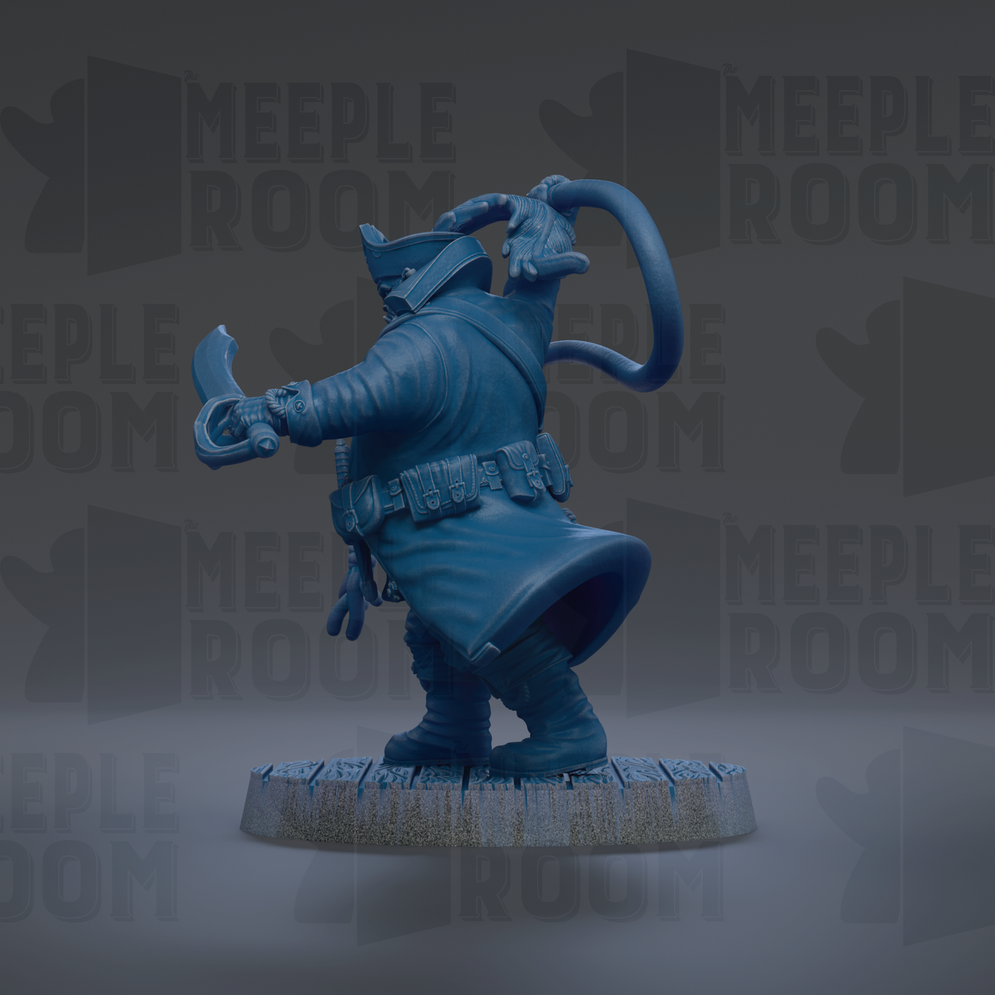 A blue, 3D-rendered pirate figure holding a sword and shield, standing on a platform against a dark background with repeated "MEIPLE ROOM" text.