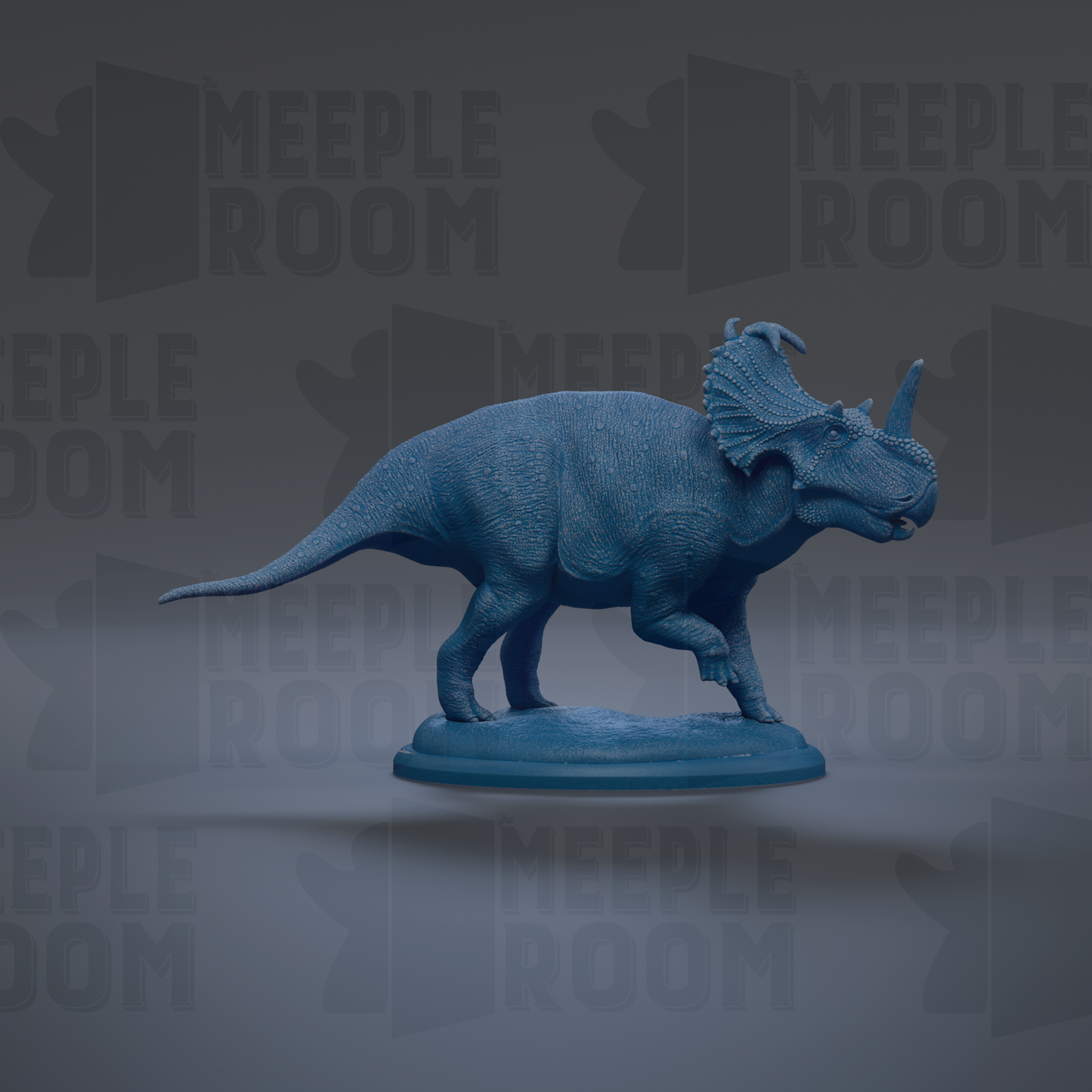 A blue 3D model of a Triceratops dinosaur is displayed against a dark background with repeated text.