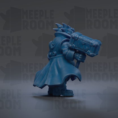 A blue figurine of a character holding a large object, possibly a weapon or tool, against a dark background with repeated text.