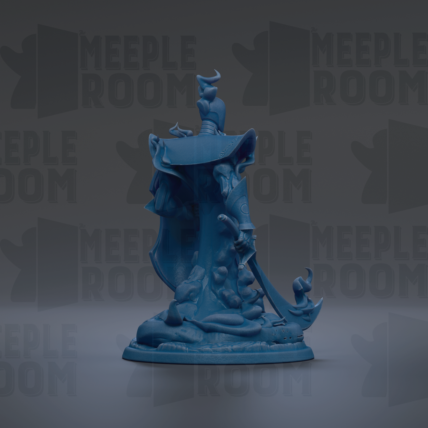 a blue statue of a person with a sword, standing on a pedestal.
