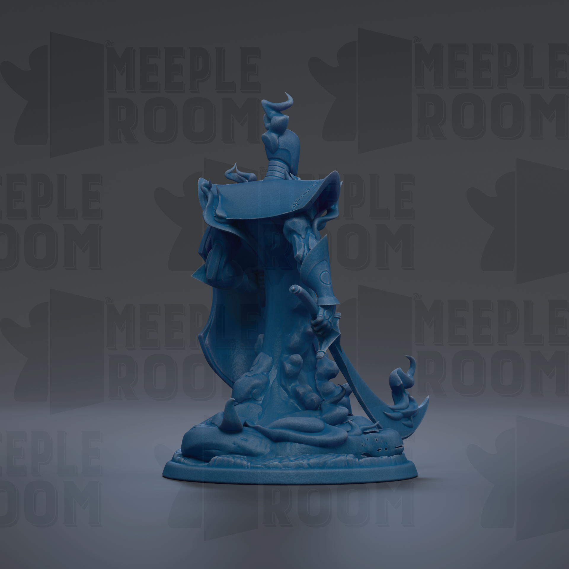 a blue statue of a person with a sword, standing on a pedestal.