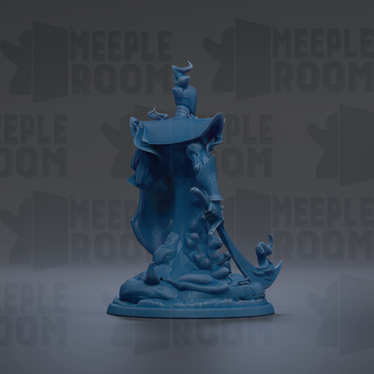 a blue statue of a person with a sword, standing on a pedestal.