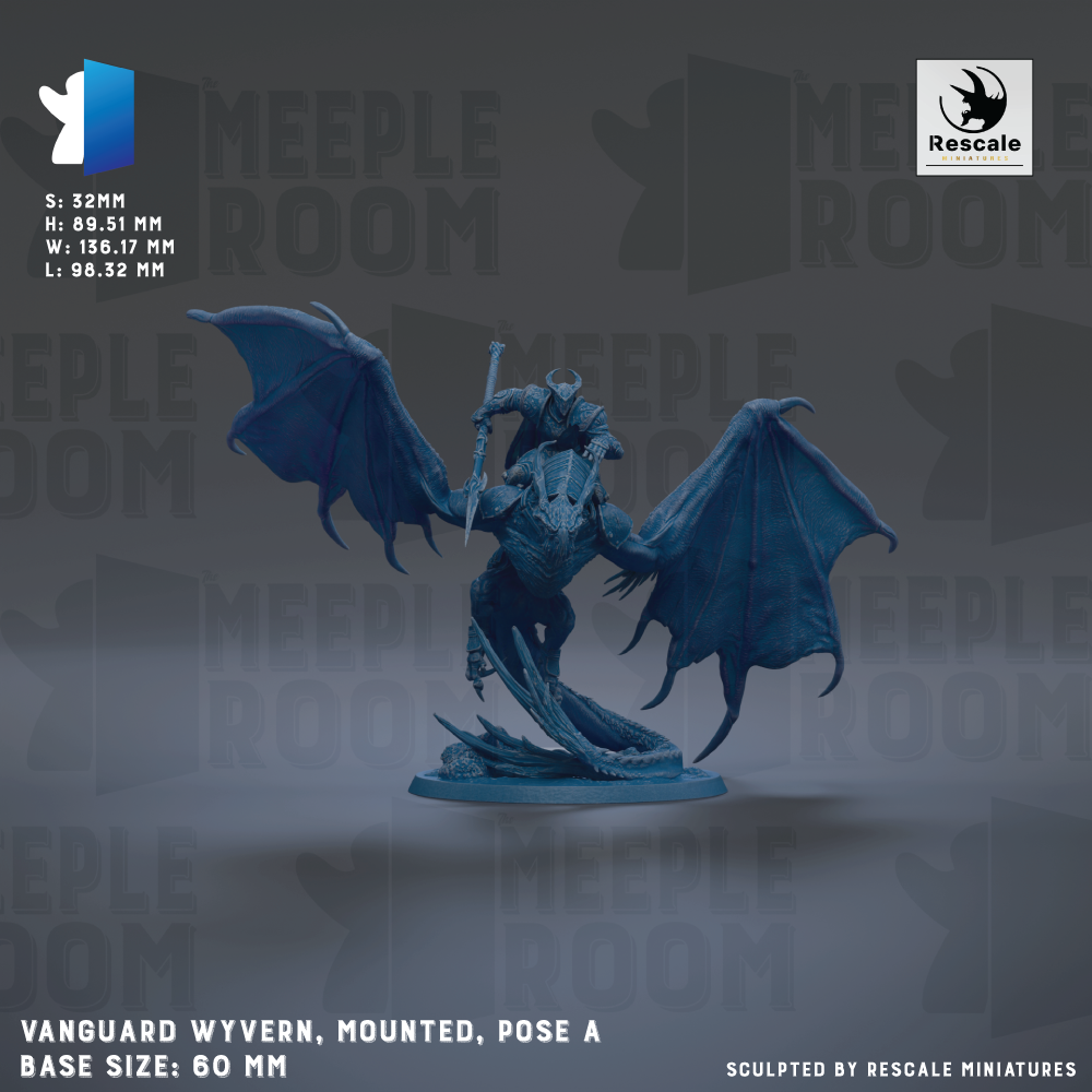 a figurine of a winged creature, possibly a dragon or mythical beast, mounted on a base. The figurine is described as being "mounted" and "pose" a base size of 60mm. The background of the image is a dark gray color, and there is text that reads "MEUPLE ROOM" repeated multiple times throughout the image.