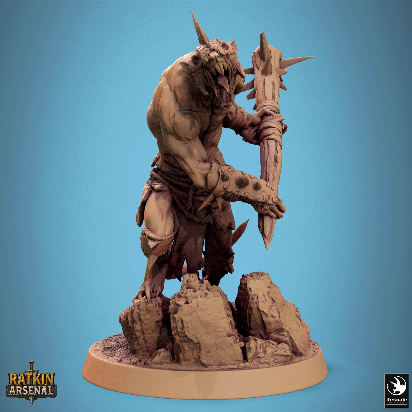 A 3D rendering of a fierce-looking monster with sharp teeth and claws, standing on a rocky base and holding a spear.