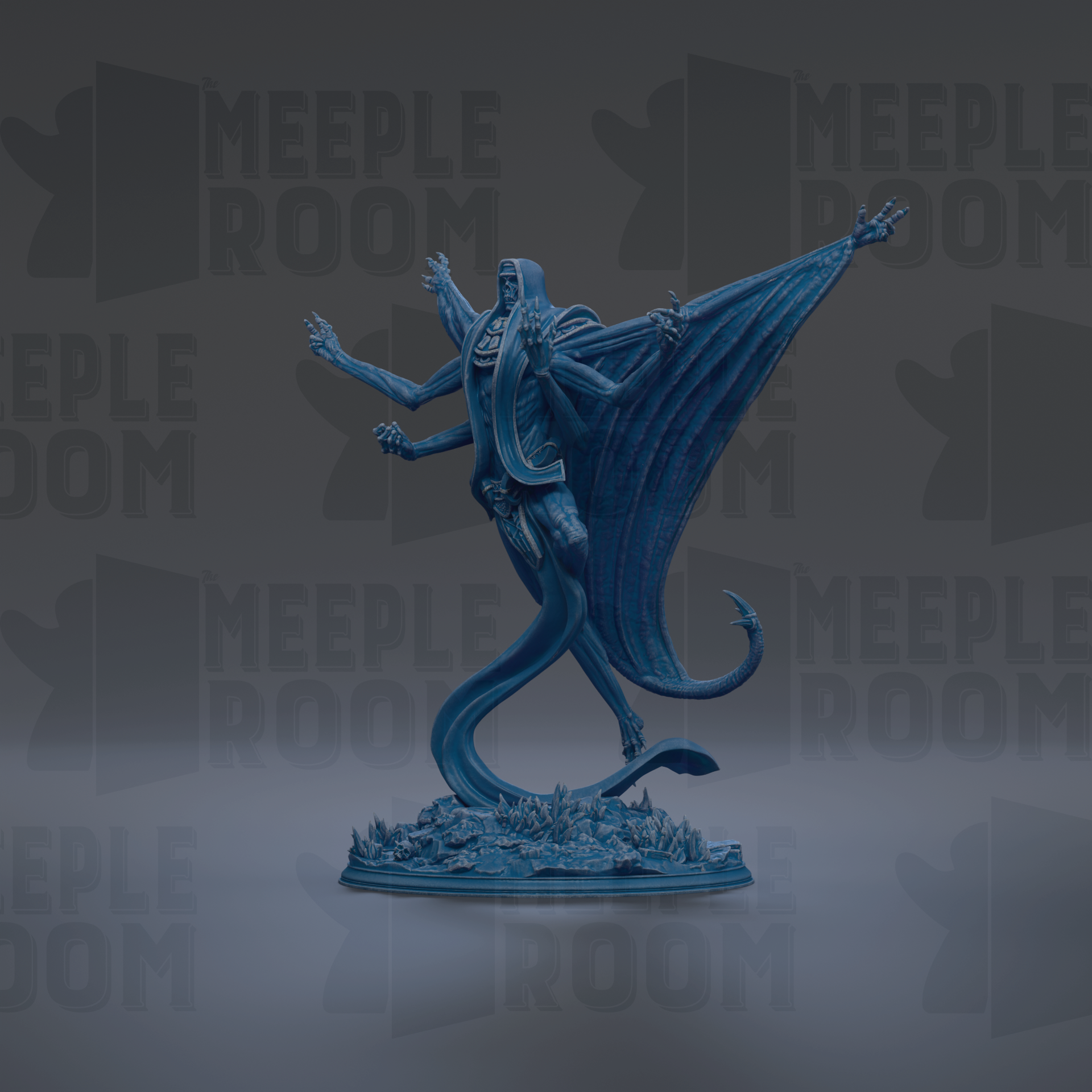 A blue, winged statue with multiple arms stands on a base, surrounded by a dark background with repeated text.