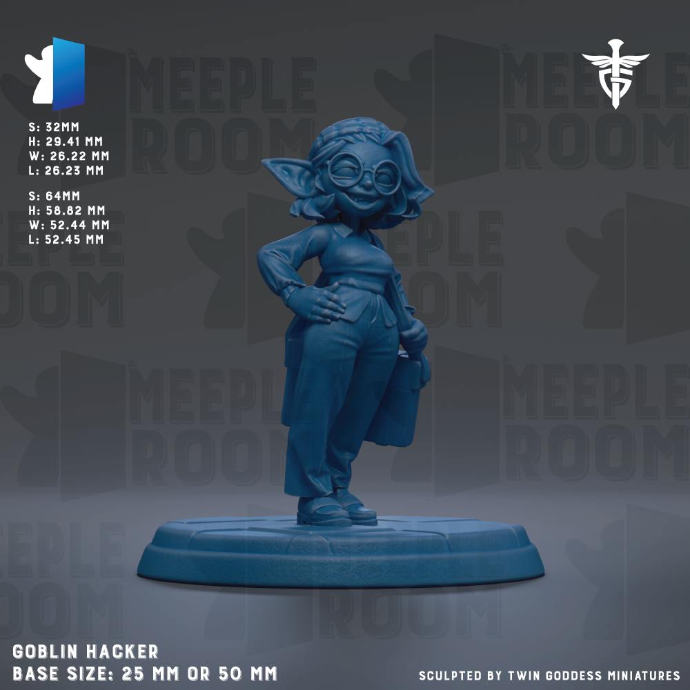 The image is a 3D rendering of a figurine of a person wearing glasses and a hat, standing on a base. The figurine appears to be a character from a video game or other digital media. The base size of the figurine is either 25mm or 50mm.