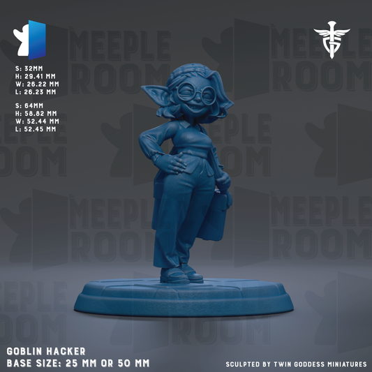 The image is a 3D rendering of a figurine of a person wearing glasses and a hat, standing on a base. The figurine appears to be a character from a video game or other digital media. The base size of the figurine is either 25mm or 50mm.