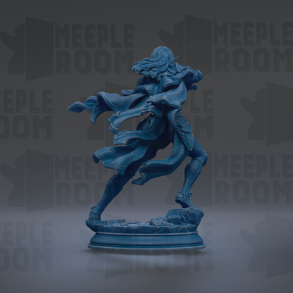 A blue statue of a figure with flowing hair and a flowing cape, standing on a pedestal against a dark background with repeated text.