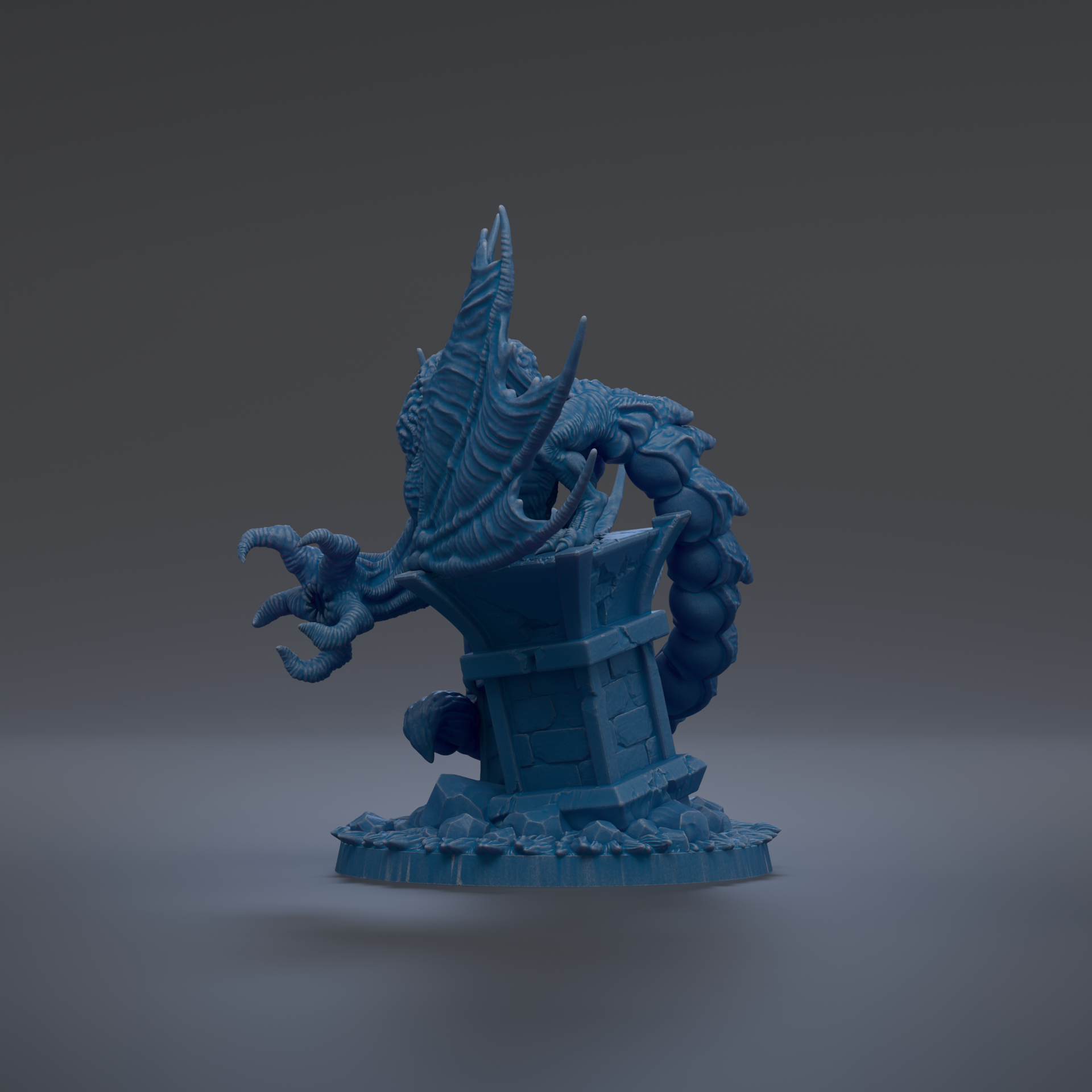 A 3D rendering of a blue dragon-like creature with a long tail and sharp claws, standing on a pedestal-like structure.