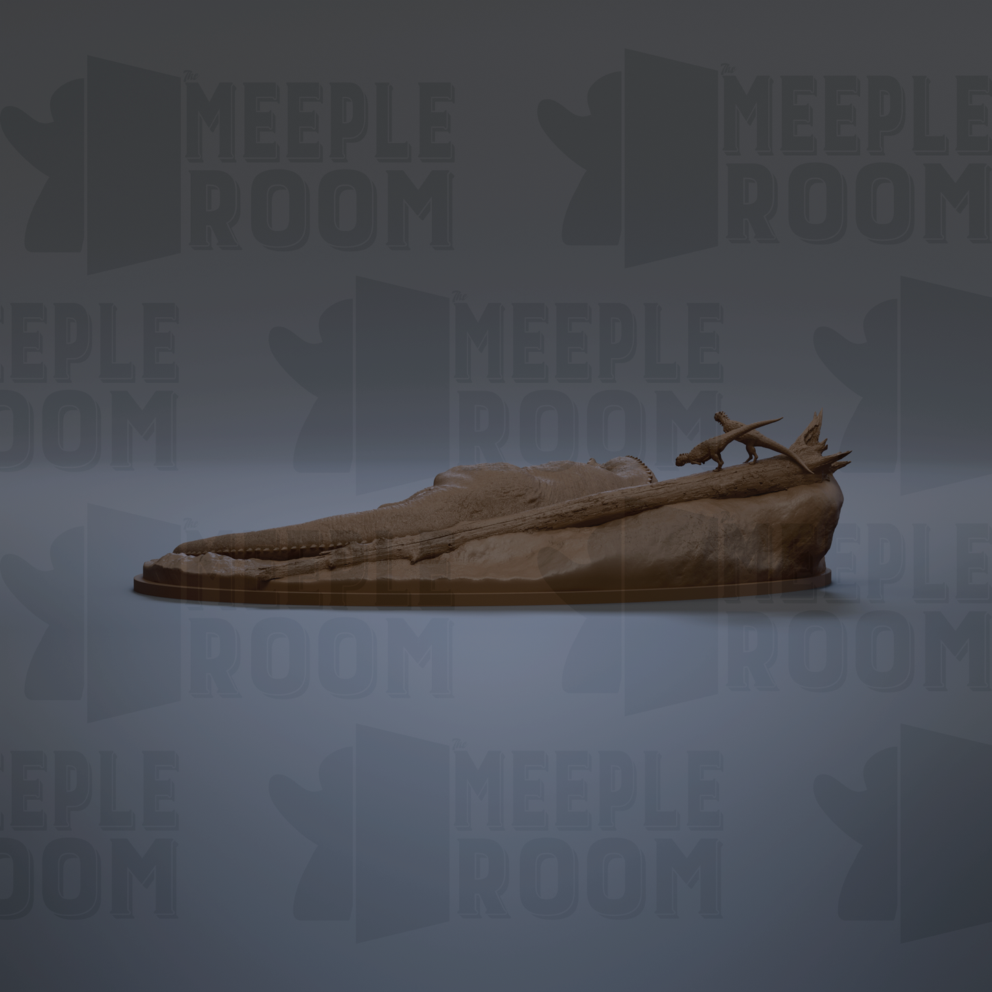 a 3D rendering of a dinosaur skeleton on a platform, with the text "MEEPLE ROOM" repeated in the background.