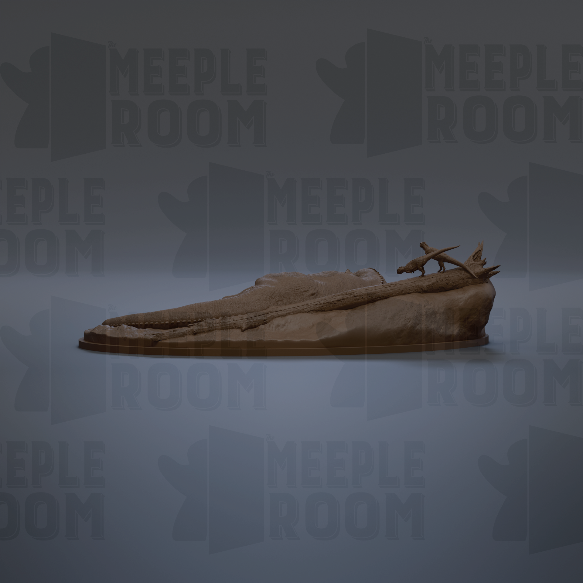 a 3D rendering of a dinosaur skeleton on a platform, with the text "MEEPLE ROOM" repeated in the background.