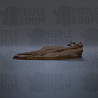 a 3D rendering of a dinosaur skeleton on a platform, with the text "MEEPLE ROOM" repeated in the background.