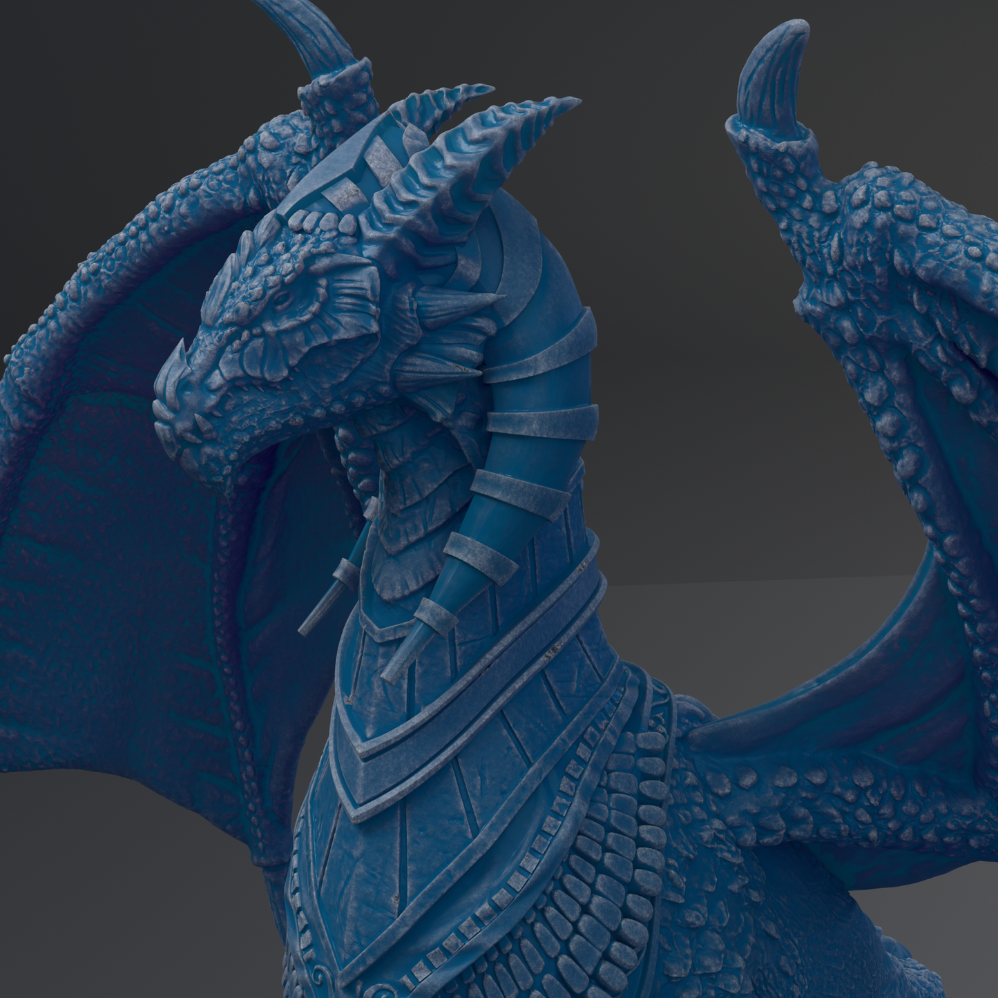 A detailed 3D rendering of a blue dragon statue with intricate scales and wings.