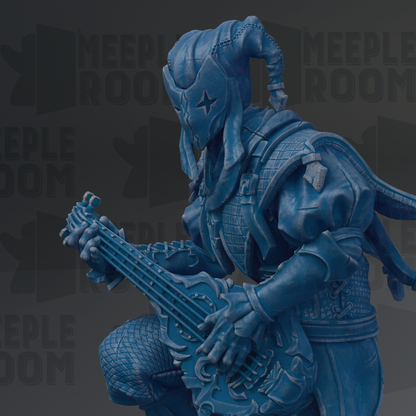 A blue, armored figure is playing a guitar, with the background featuring the text "MEUPLE ROOM" repeated multiple times.