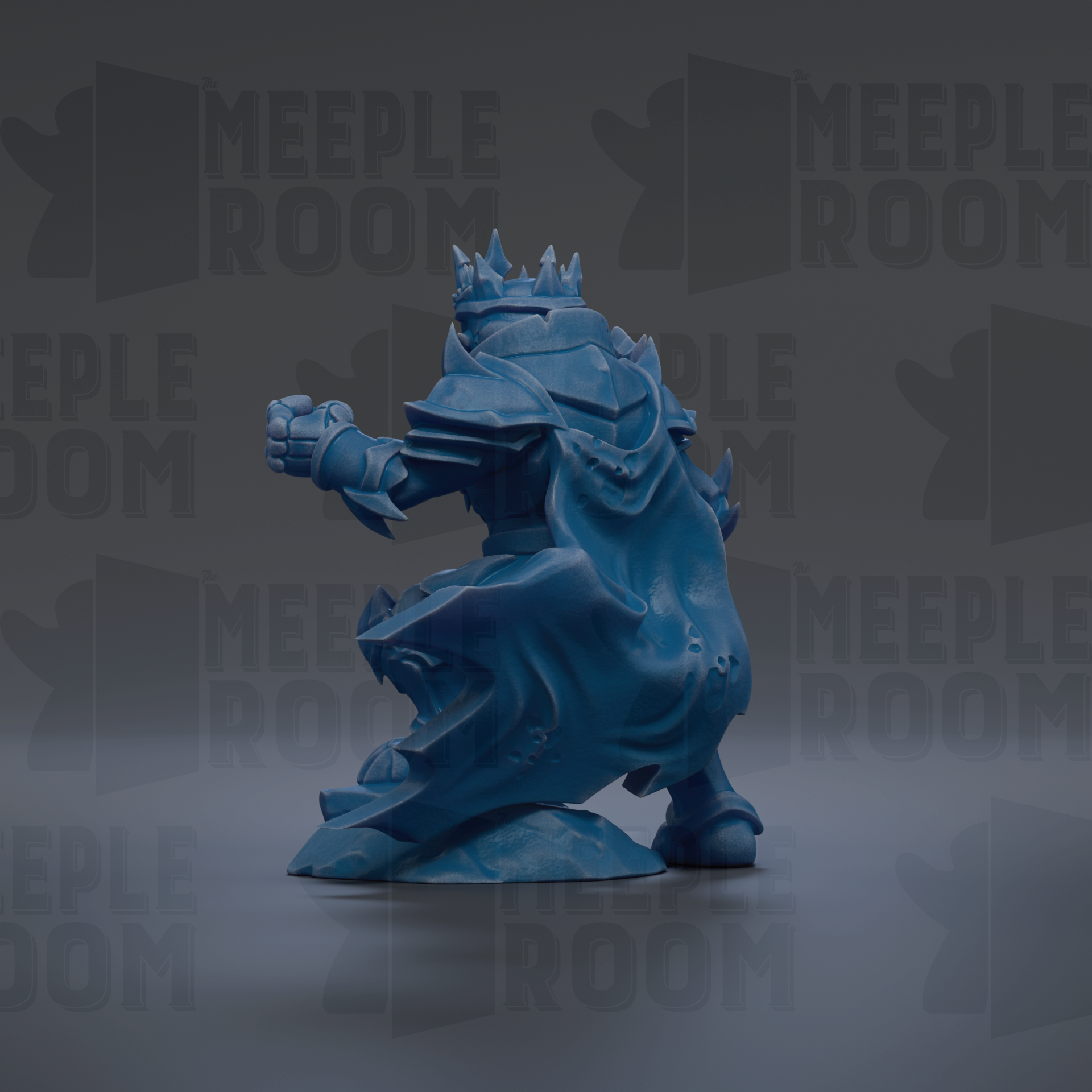 A blue, armored figure with a crown on its head, standing on a rock.