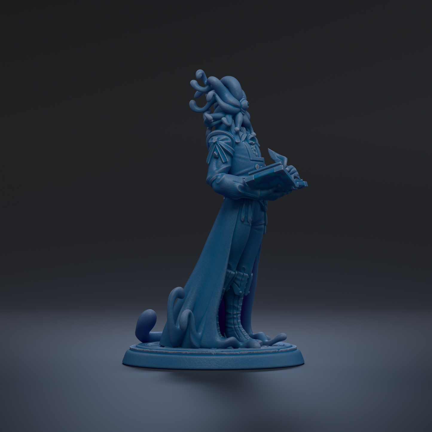 A blue figurine of a character with a long, flowing robe and a pointed hat, holding a book and standing on a base.