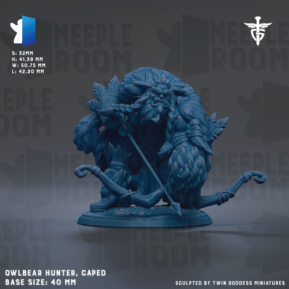 The image is a 3D rendering of a blue figurine of an owlbear hunter, which is a type of fantasy character from the video game Meeple Room. The figurine is depicted in a crouched position, holding a bow and arrow, and is shown in a base size of 40mm. The image is a collage of multiple images, and it is described as being sculpted by Twin Goddess Miniatures.