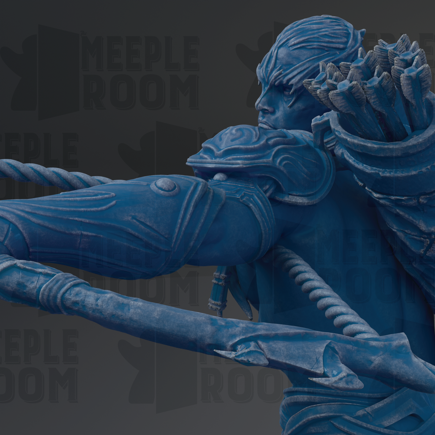 A close-up view of a blue, sculpted figure with intricate details, including a helmet and a sword, against a dark background.