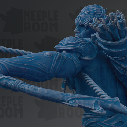 A close-up view of a blue, sculpted figure with intricate details, including a helmet and a sword, against a dark background.