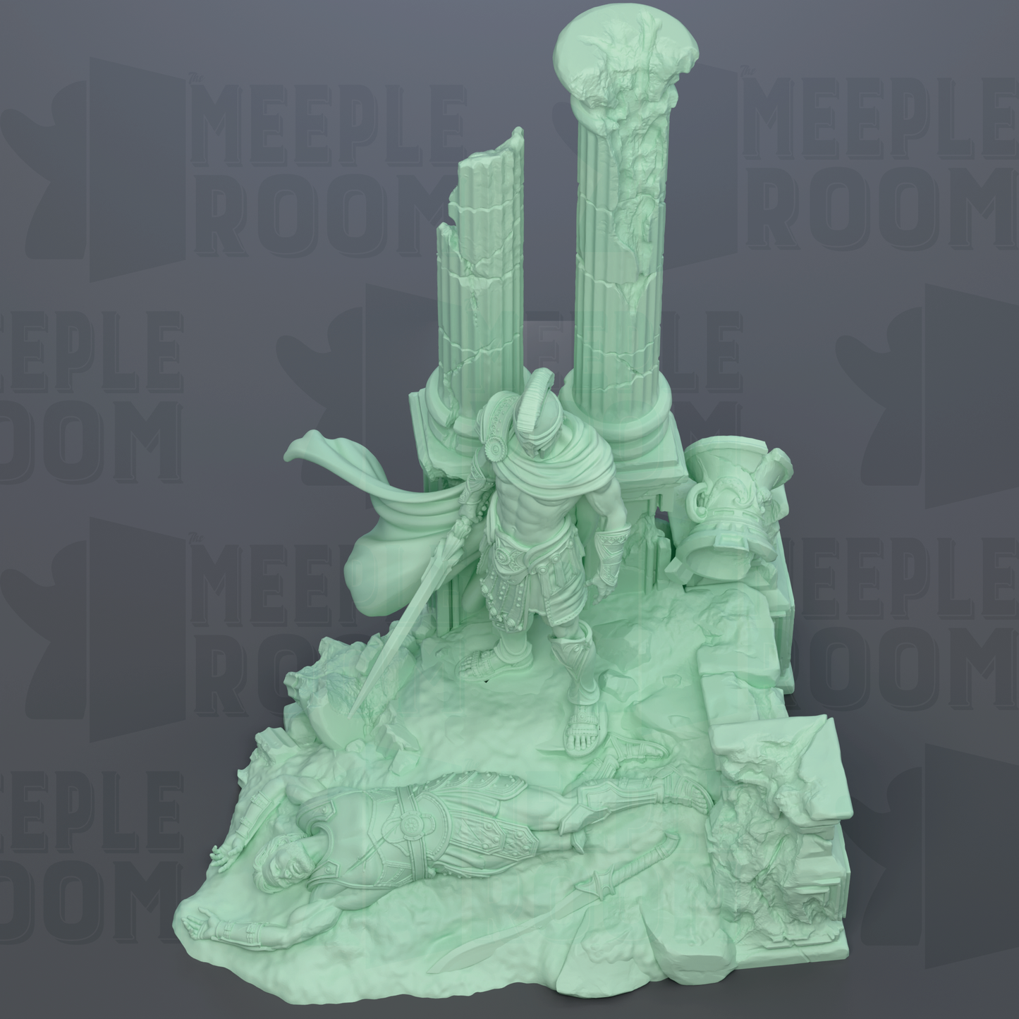 a statue of a warrior standing on a rocky terrain, with a fallen figure lying nearby.