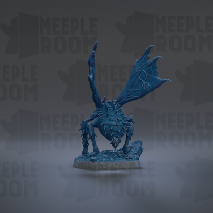A blue, winged creature with sharp teeth and claws is depicted in the center of the image, standing on a gray base.