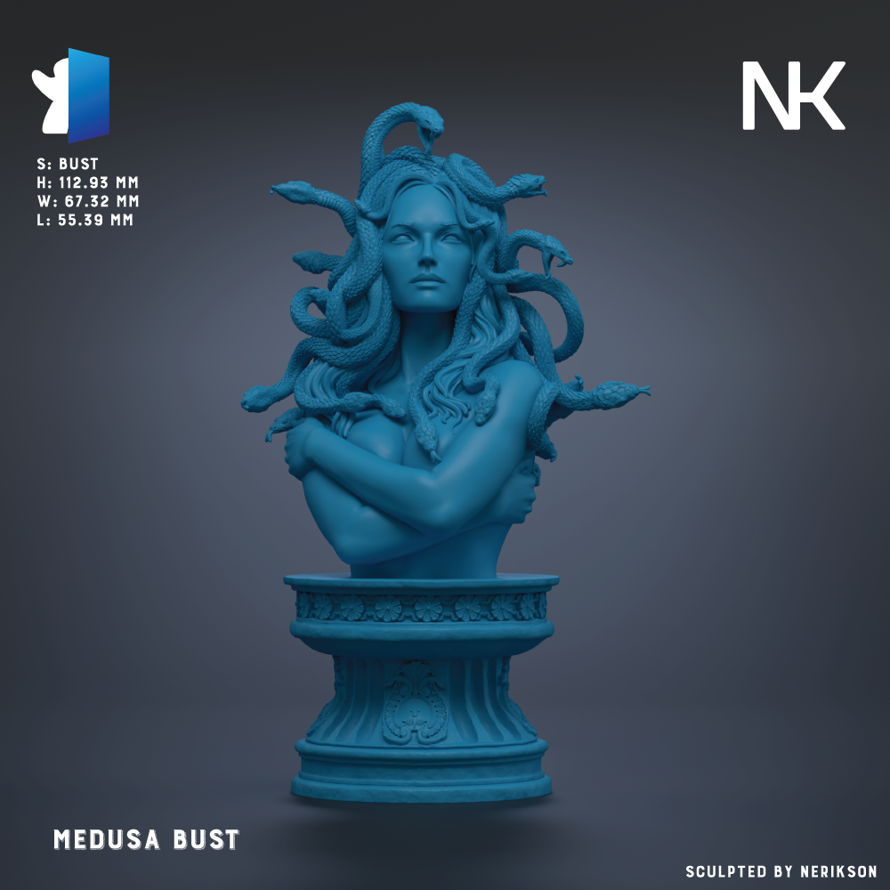 a bust of a woman with snakes wrapped around her neck, depicted in a blue color.