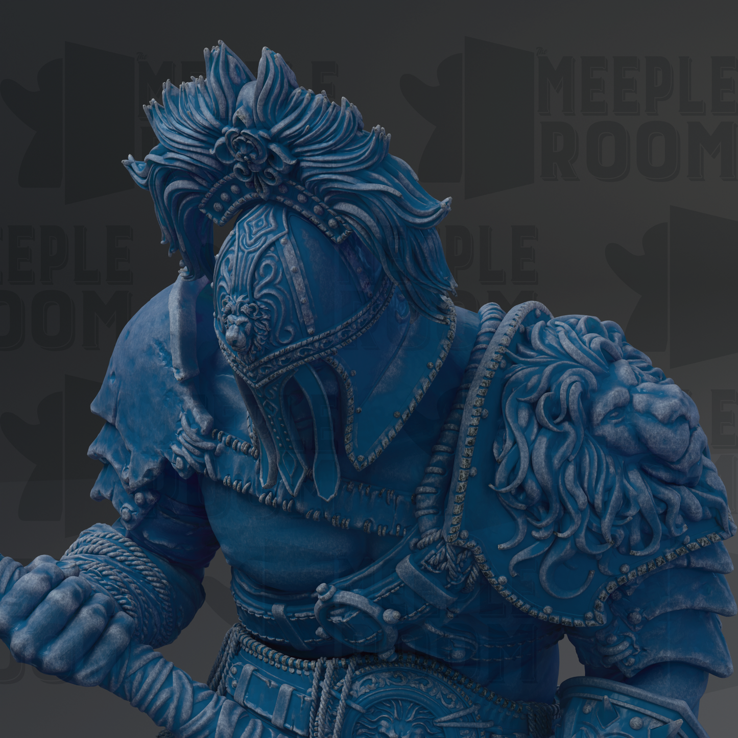 A detailed statue of a warrior, featuring intricate armor and a fierce expression, set against a dark background with the text "MEUPLE ROOM" repeated in the background.