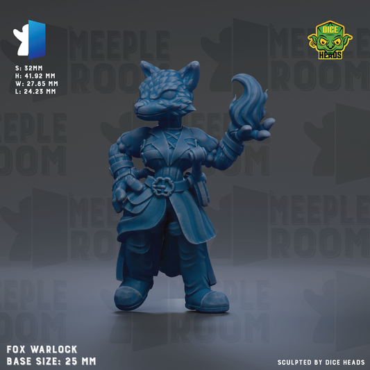 The image is a digital illustration of a fox character, specifically a mee-lock, which is a fantasy creature with a combination of a fox and a dragon. The character is depicted in a dynamic pose, holding a flame in its hand. The image is a base size of 25mm and is sculpted by dice heads.