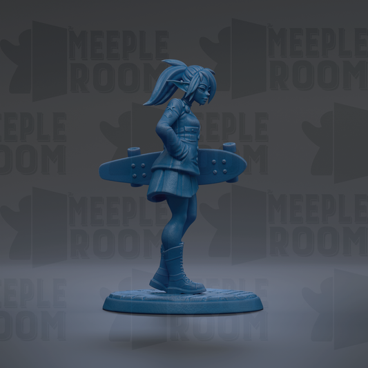 A blue figurine of a young girl holding a skateboard is shown against a dark background with repeated text.
