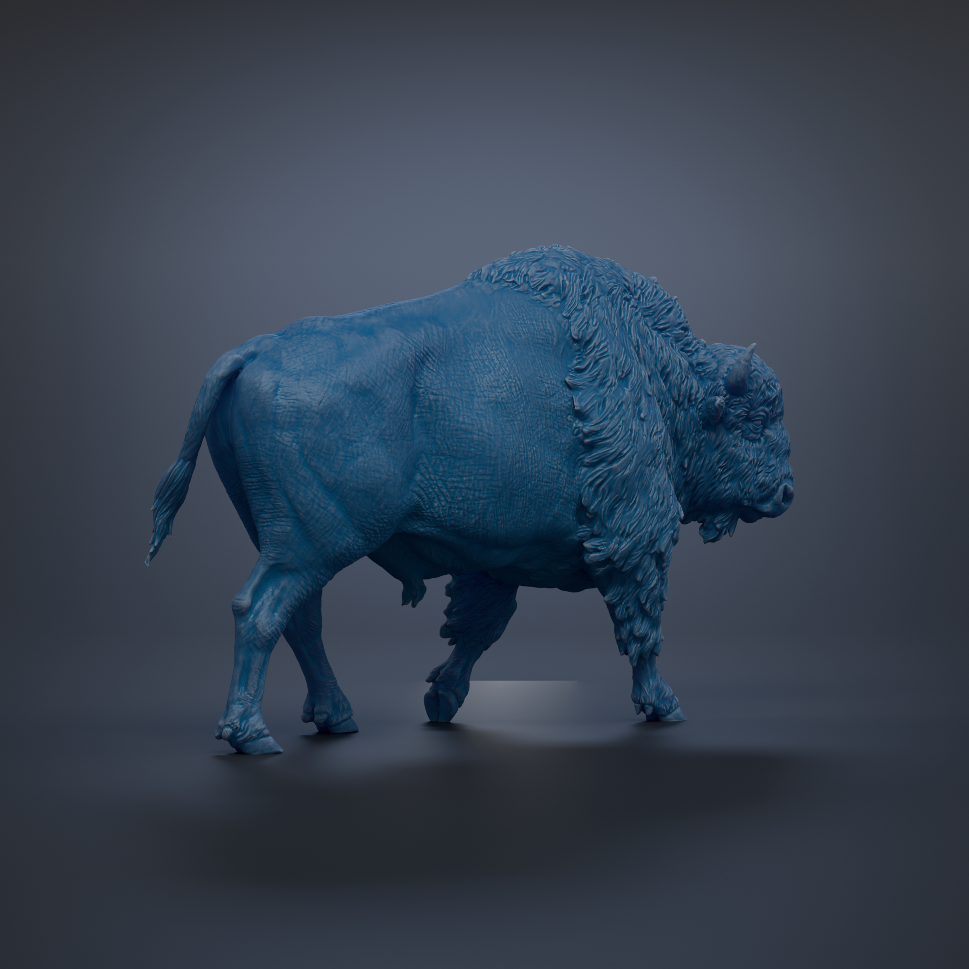 A blue, 3D-rendered buffalo statue is shown in a dynamic walking pose against a dark background.