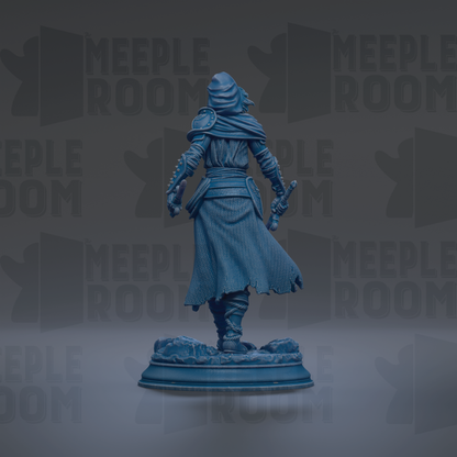 A 3D rendering of a blue-colored statue of a person standing on a pedestal against a dark background with repeated text.