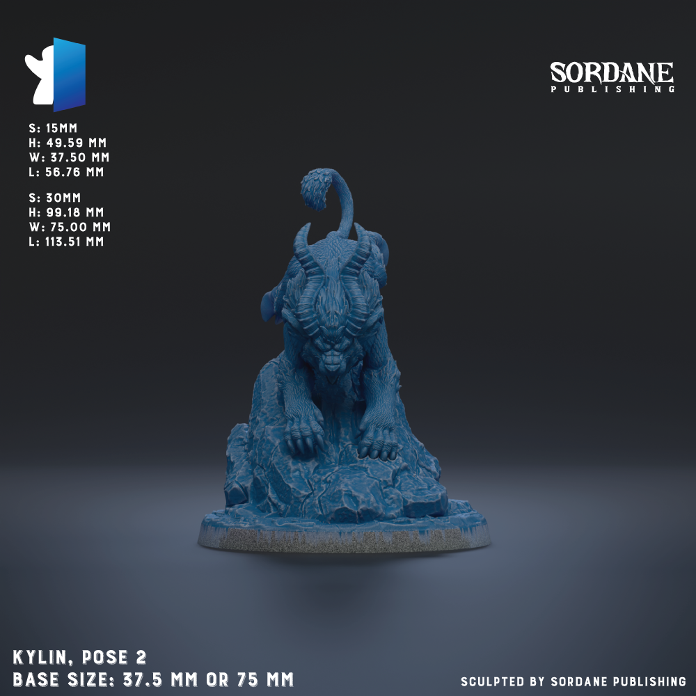 A blue figurine of a creature with horns and a tail, sitting on a rock. The figurine is described as being approximately 7.5 mm in height and 75 mm in width. The base size is either 37.5 mm or 75 mm. The image is published by Sordane Publishing.