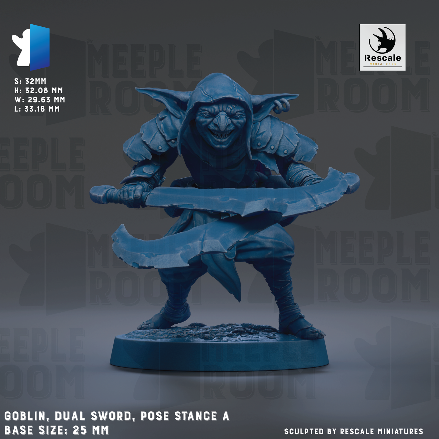a blue, hooded, and armored dwarf figure holding a sword, with the figure's stance suggesting it is posing for a photo. The base sizes are 25 mm.