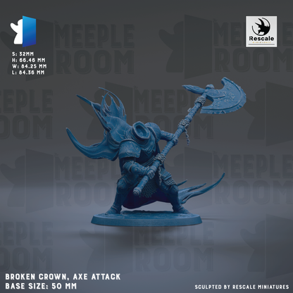 The image is a detailed model of a broken crown, an axe attack, with a base size of 50mm.