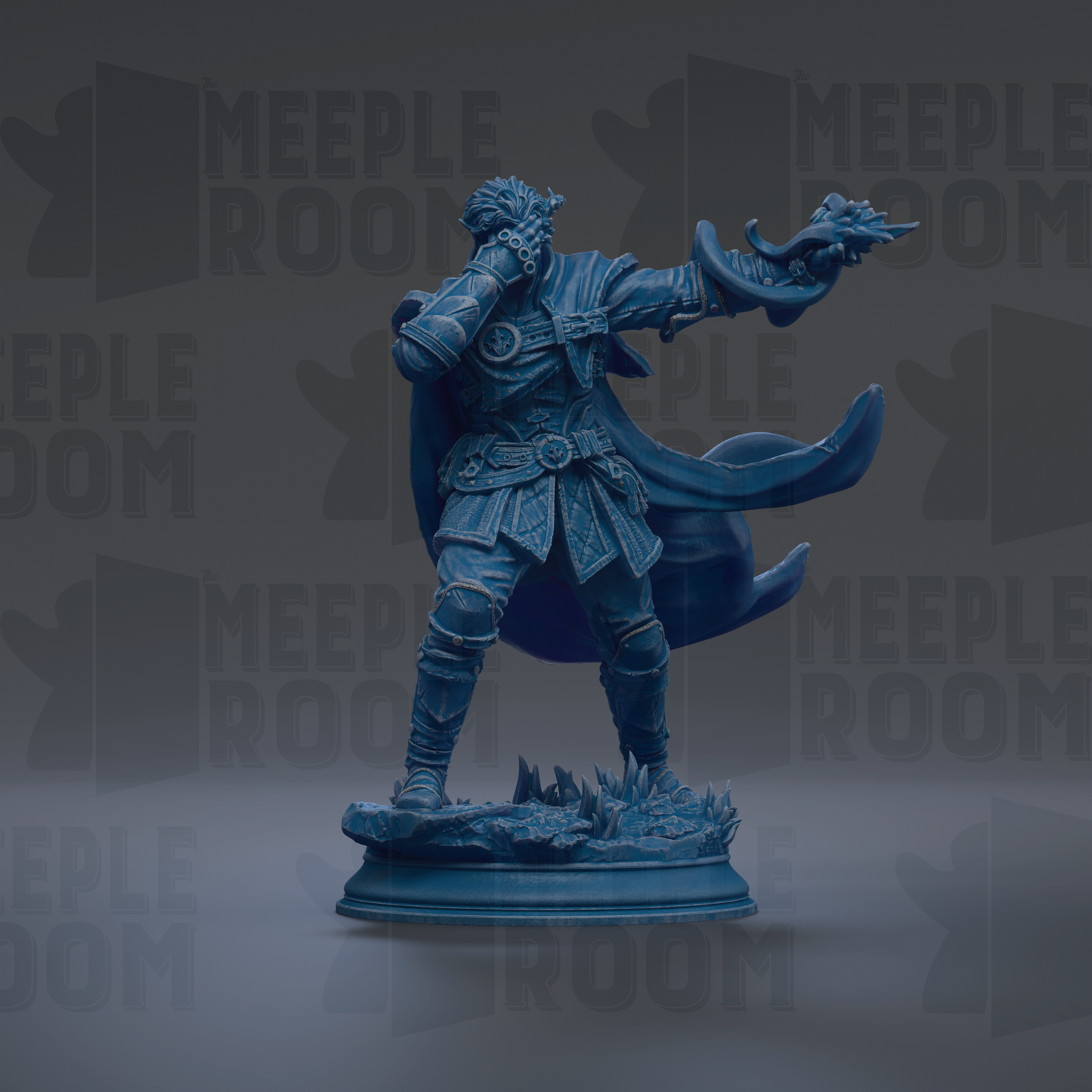 A blue statue of a person with a sword and shield, standing on a pedestal and holding a shield in their hand.