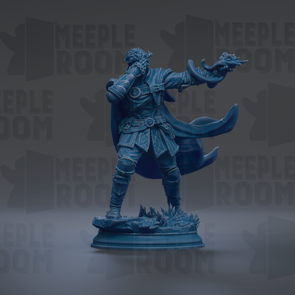 A blue statue of a person with a sword and shield, standing on a pedestal and holding a shield in their hand.